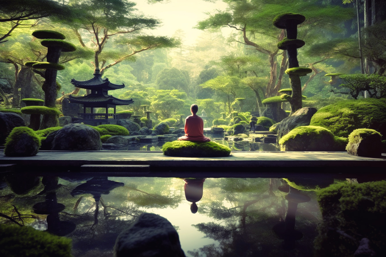 A person meditating beside a pond in a lush green garden